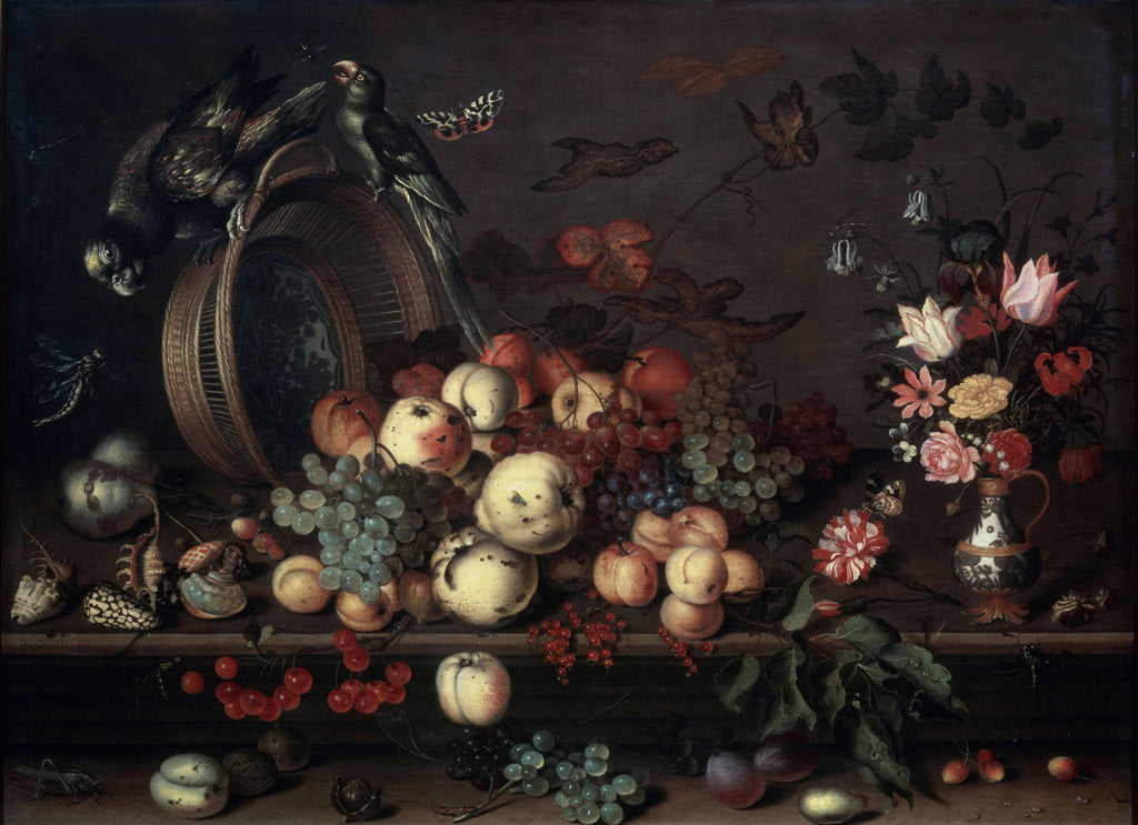 Detail of Still Life with Fruits, Flowers and Parrots, 1620s by Balthasar van der Ast