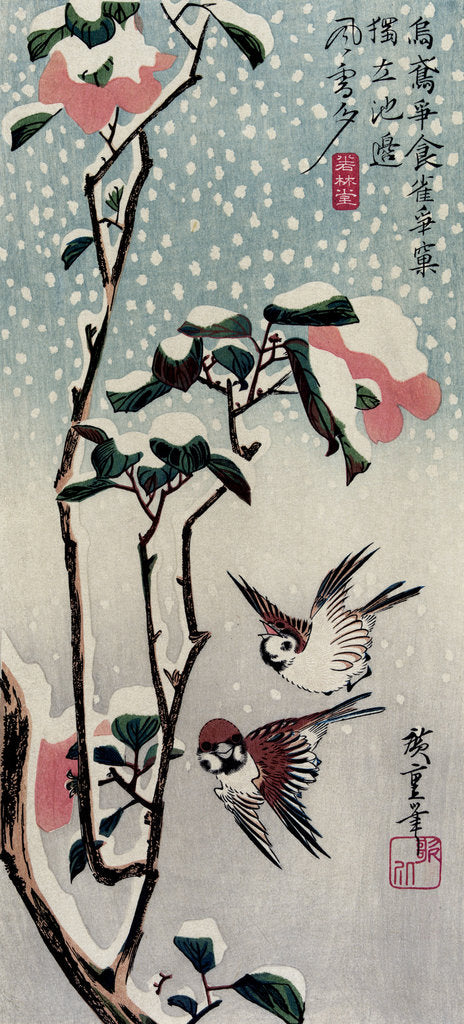 Detail of Sparrows and Camellias in the Snow, 1830s by Anonymous