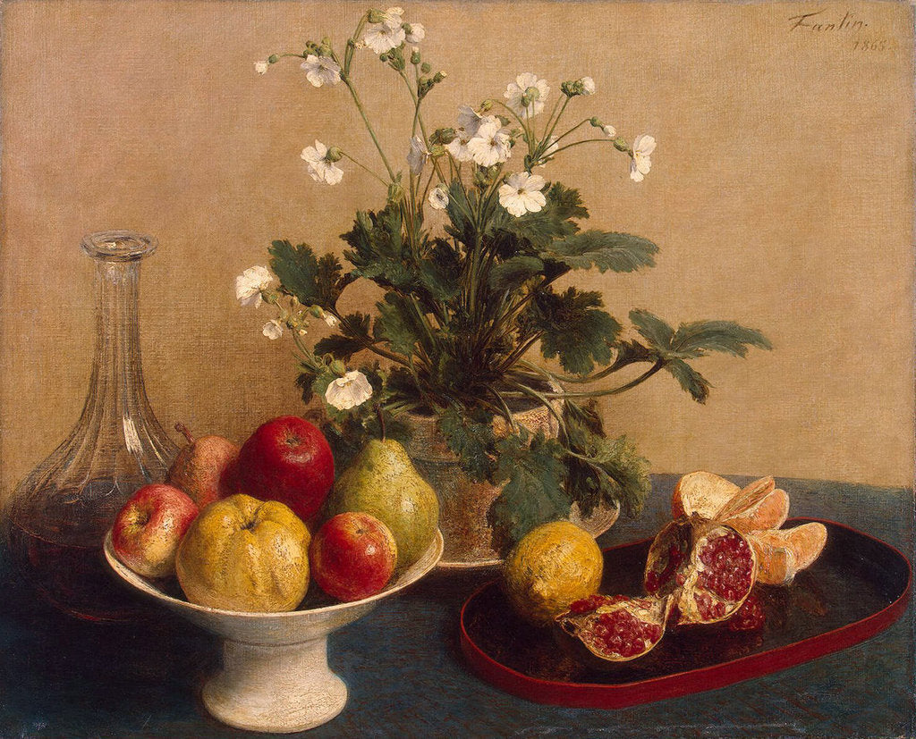 Detail of Flowers, Dish with Fruit and Carafe, 1865 by Anonymous