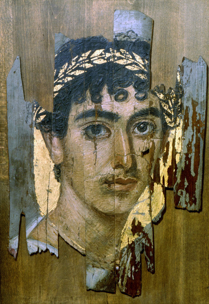 Detail of Portrait of a youth in a gold wreath, Fayum mummy portrait, Romano-Egyptian, early 2nd century by Unknown