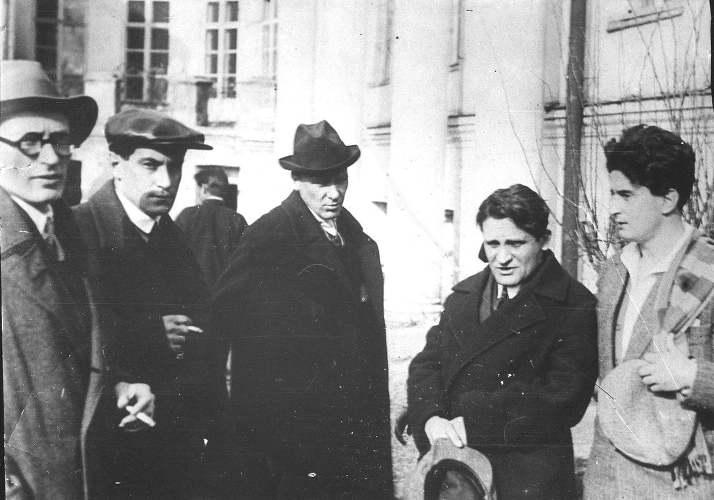 Detail of Michail Fainsilberg, Valentin Kataev, Mikhail Bulgakov, Yury Olesha and Iosif Utkin at the Funeral of Vladimir Mayakovsky, 1930 by Anonymous