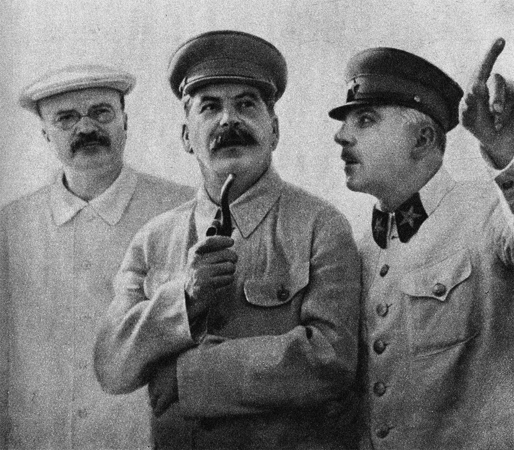 Detail of Vyacheslav Molotov, Joseph Stalin and Kliment Voroshilov on the Central Aerodrome, June 25, 1937, 1937 by Anonymous
