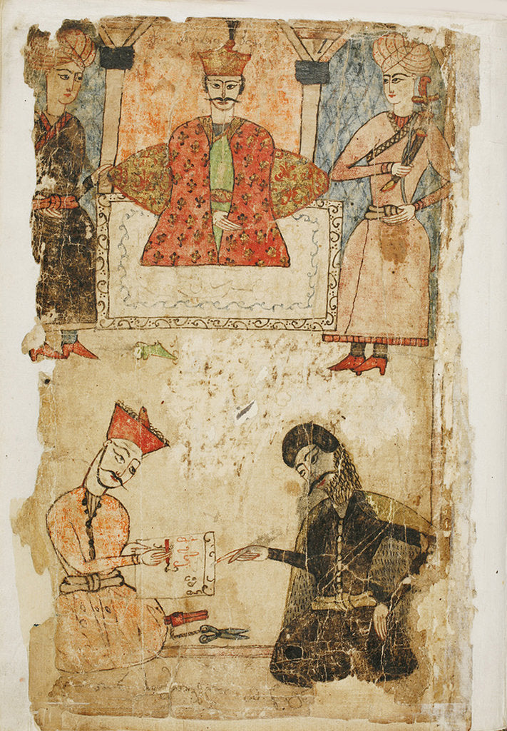 Detail of Rustaveli dictates his poem to a chancellor. Illustration to the poem The Knight in the Panthers Skin by Shota Rustaveli, Mid of 17th cen by Mamuka Tavakalashvili
