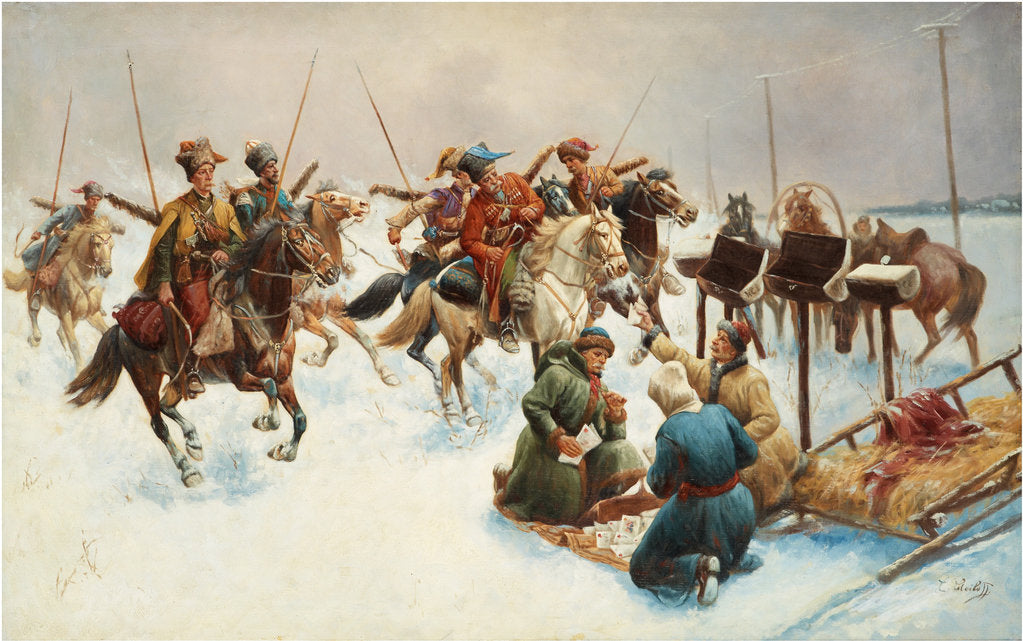 Detail of Winter landscape with Cossacks by Adolf Baumgartner-Stoiloff