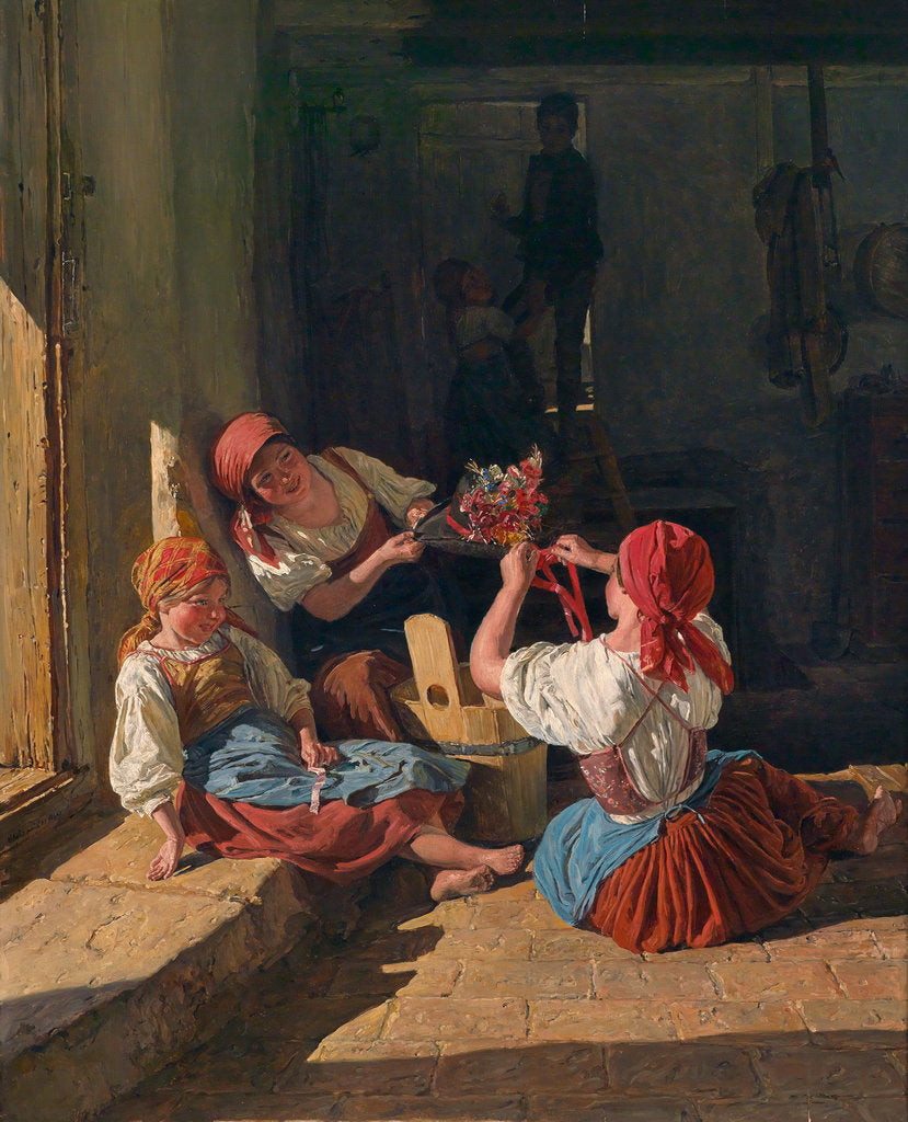 Detail of Children decorating a Conscripts hat, 1854 by Ferdinand Georg Waldmüller