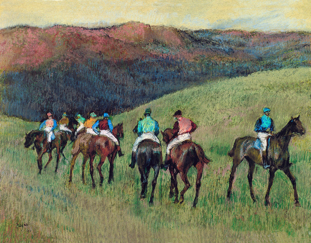 Detail of Racehorses in a Landscape by Edgar Degas