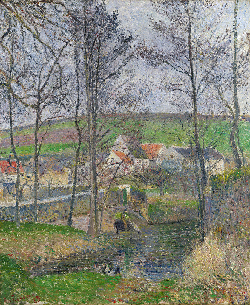 Detail of The banks of the Viosne at Osny in grey weather by Camille Pissarro