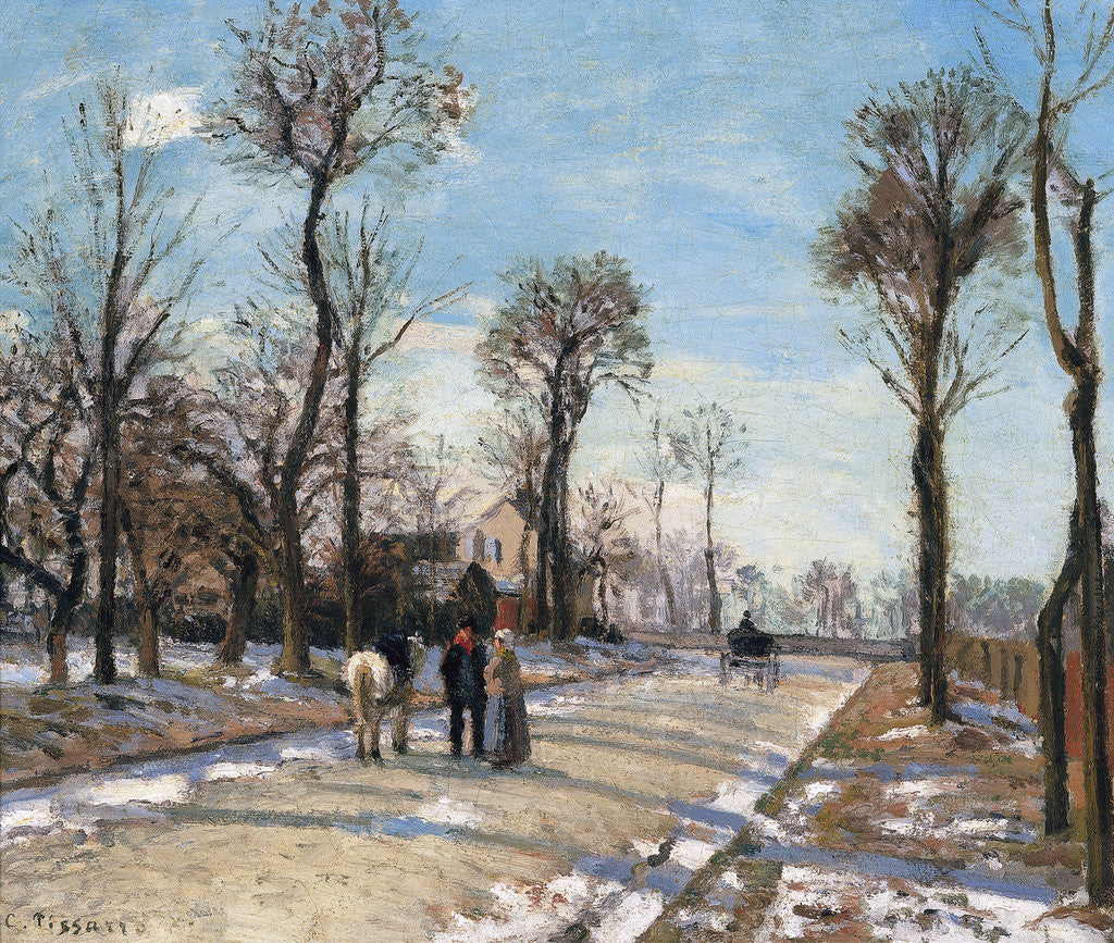 Detail of Route de Versailles, Louveciennes, Winter Sun and Snow by Camille Pissarro