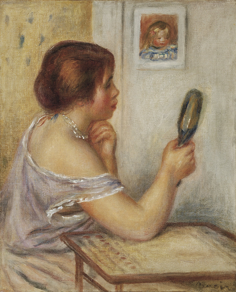 Detail of Marie Dupuis tenant un miroir avec un portrait de Coco by Pierre Auguste Renoir