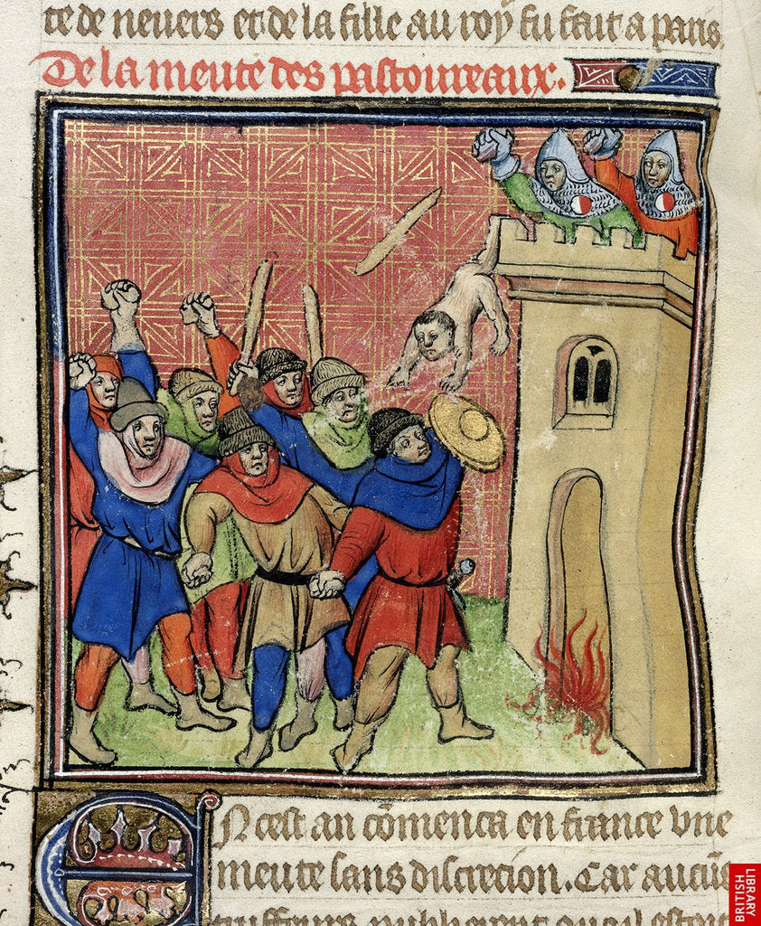 Detail of Detail of a miniature of the Third Crusade of Pastoureaux. Jews throwing their children from a tower, after 1380 by Virgil Master
