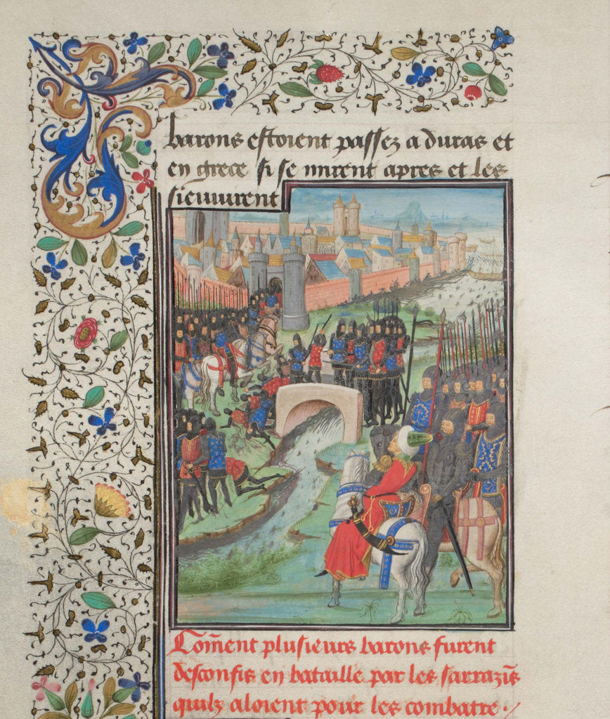 Clash of the army of the barons and the Saracens. Miniature from the Historia by William of Tyre, 1460s by Anonymous