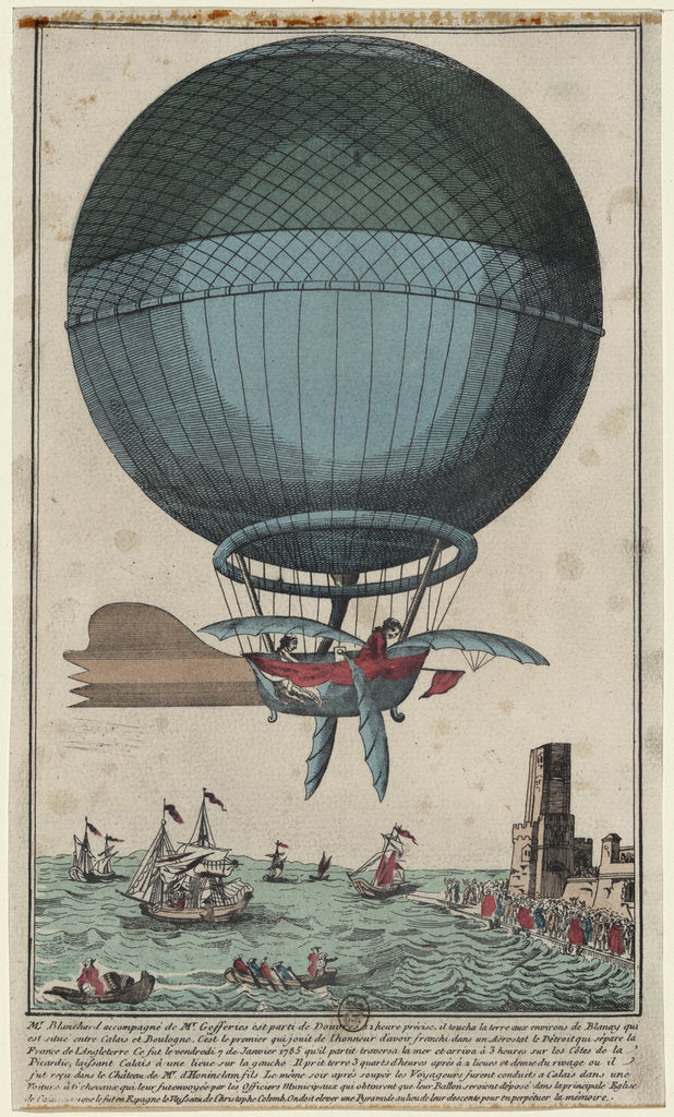 Detail of Jean Pierre Blanchard and John Jefferies arriving in Calais after crossing the English Channel in a hot air balloon, 1785 by Anonymous