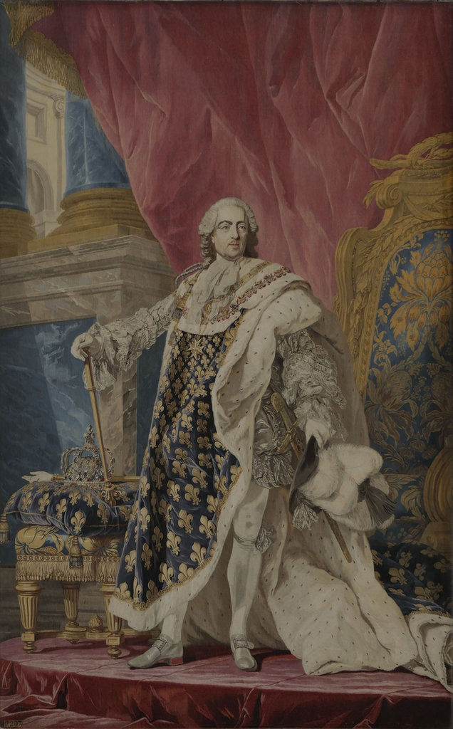 Detail of Portrait of Louis XV in his royal costume, ca 1769 by Pierre François Cozette