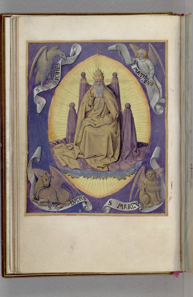 God the Father with symbols of the four Evangelists in the corners. (Book of Hours), 1450-1499 by Jean Fouquet