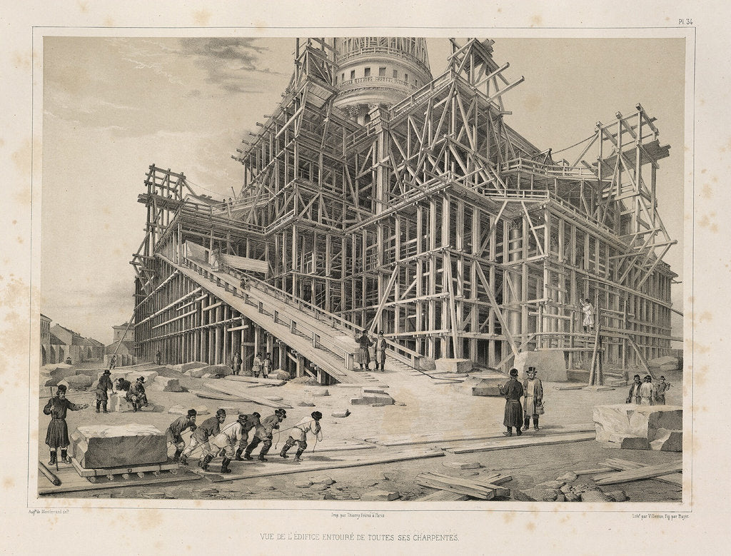Detail of View of the Cathedral surrounded by wooden scaffolding by Auguste de Montferrand