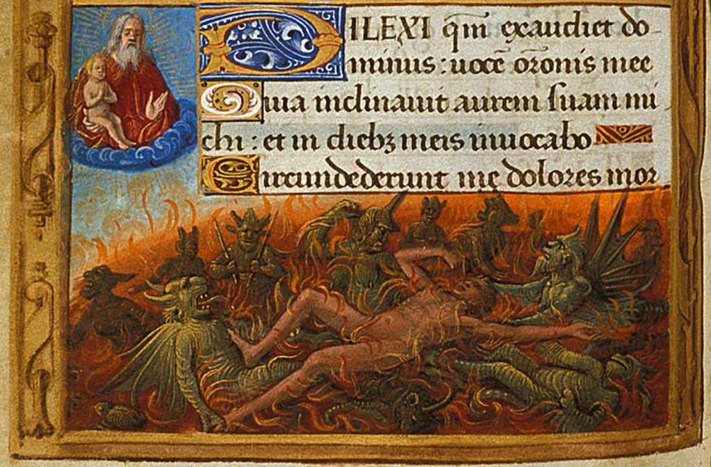 Detail of Book of Hours, Detail: Dives tormented by demons and watched by the soul of Lazarus, c. 1500 by Jean Poyet