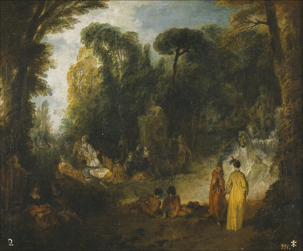 Detail of Courtly Gathering In A Park, 1712-1713 by Jean Antoine Watteau