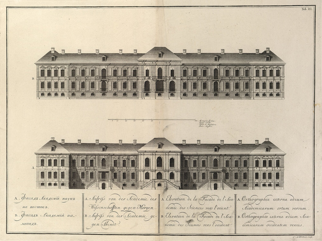 Detail of The building of the Imperial Academy of Sciences with Library and Kunstkammer in St. Petersburg by Christian Albrecht Wortmann