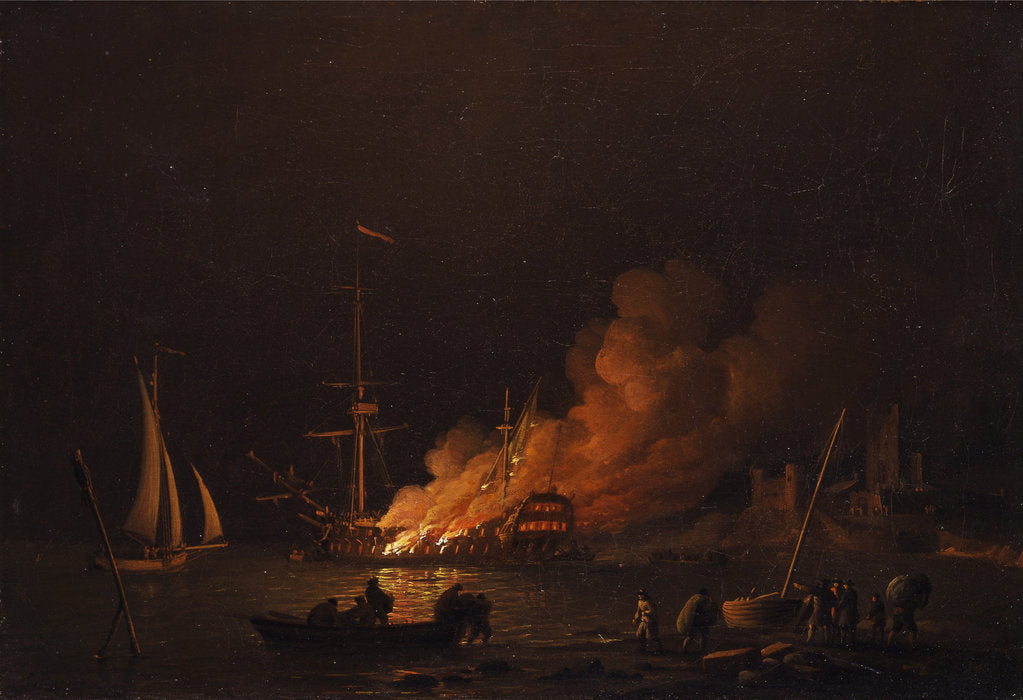 Detail of Ship on fire at night, ca 1756 by Charles Brooking