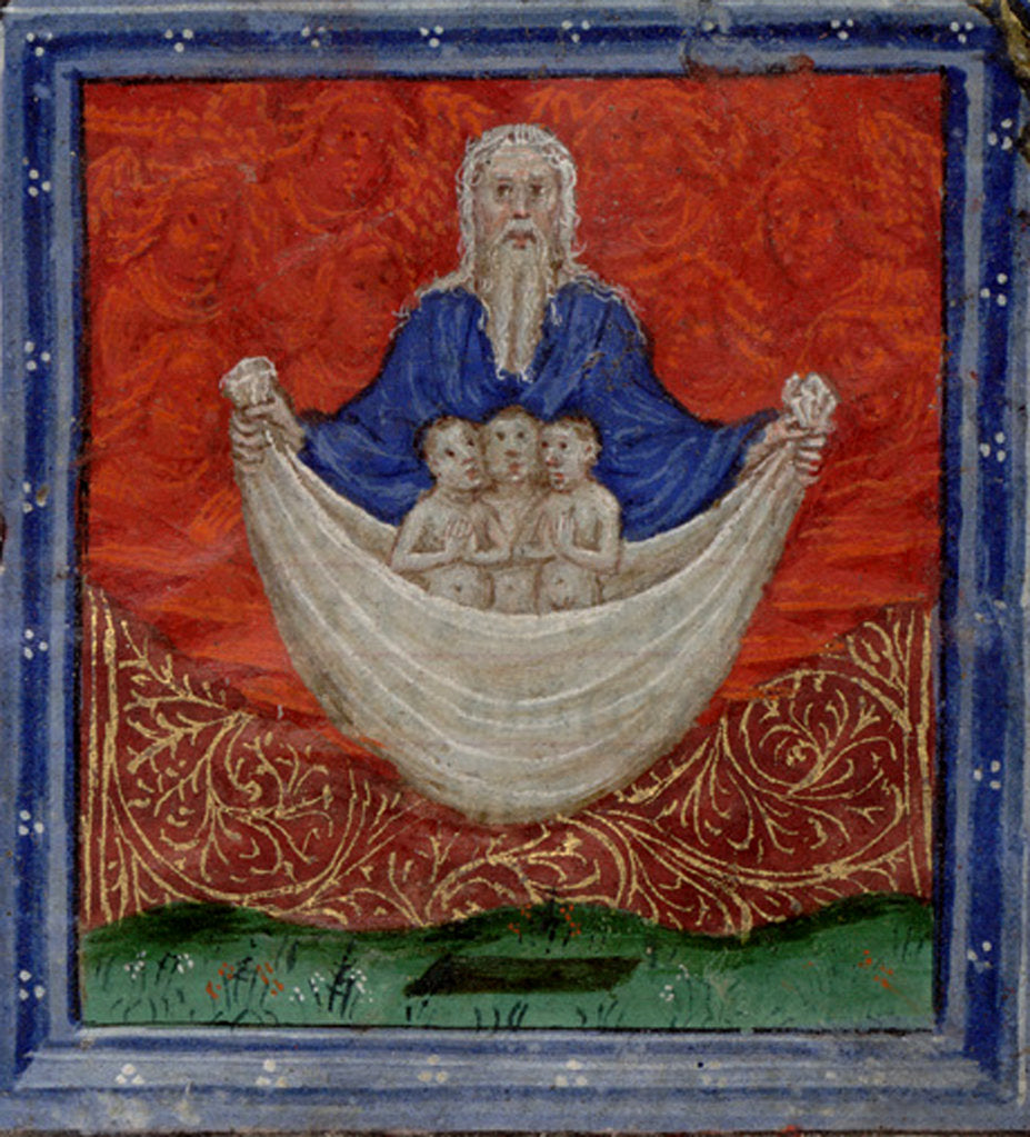 Detail of God the Father with three souls, being raised from the dead by Herman Scheerre