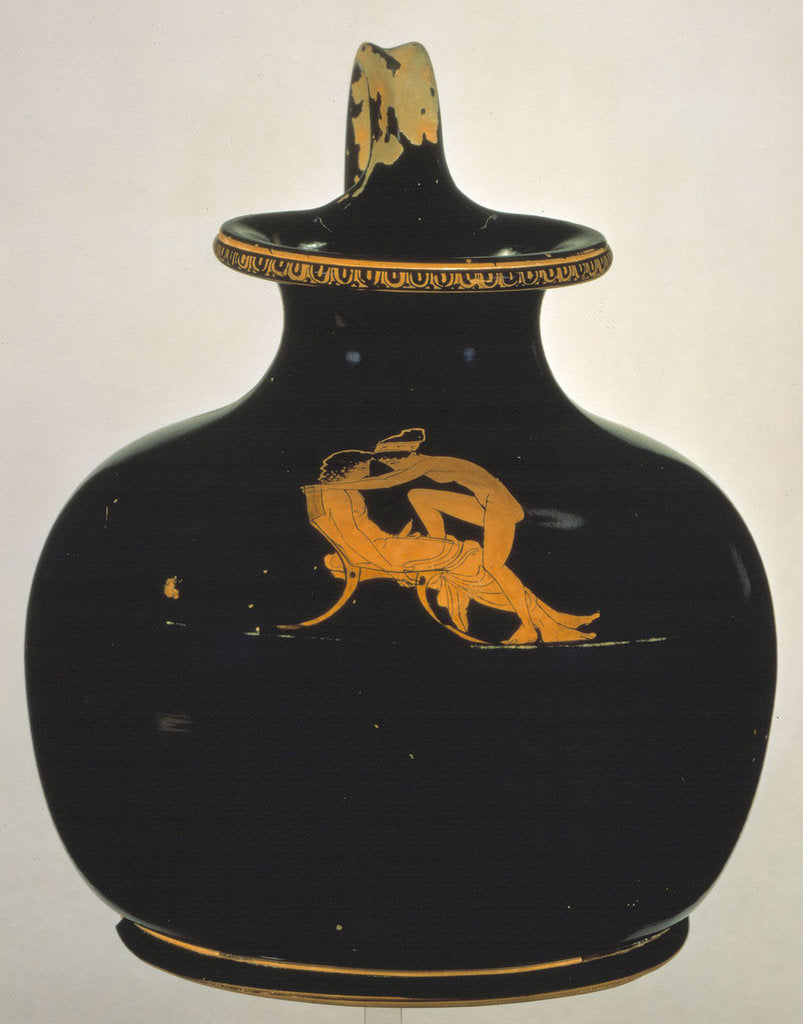 Detail of Oinochoe. Love-making (naked girl climbing on to a boys lap), ca 430 BC by Shuvalov Painter