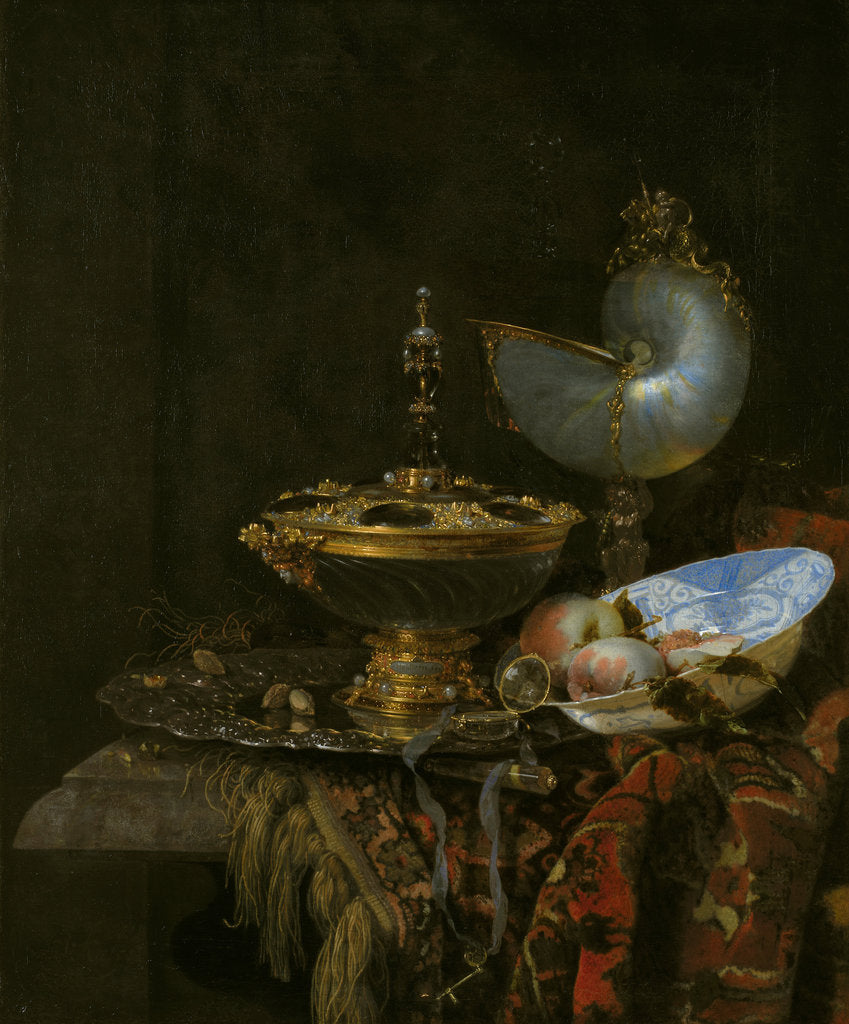 Detail of Pronk Still Life with Holbein Bowl, Nautilus Cup, Glass Goblet and Fruit Dish, 1678 by Willem Kalf