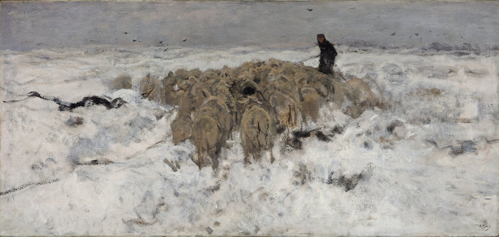 Detail of Flock of sheep with shepherd in the snow, 1887-1888 by Anton Mauve