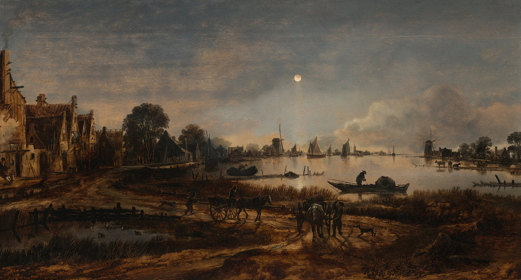 Detail of River view by moonlight, c. 1645 by Aert van der Neer
