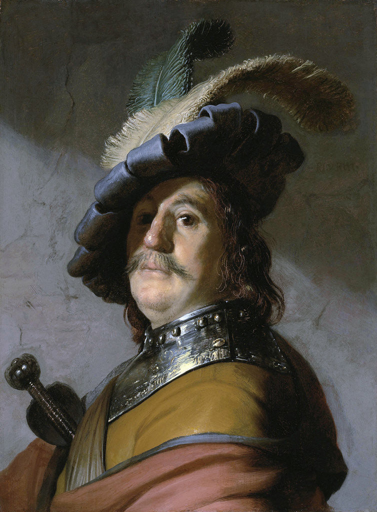 Detail of Bust of a man in a gorget and a feathered beret by Rembrandt (Rembrandt van Rijn)