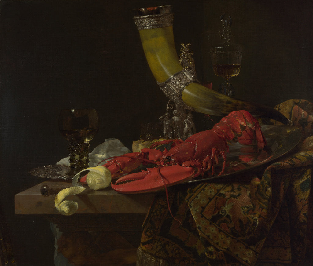 Detail of Still Life with the Drinking-Horn of the Saint Sebastian Archers Guild, Lobster and Glasses, c. 1653 by Willem Kalf