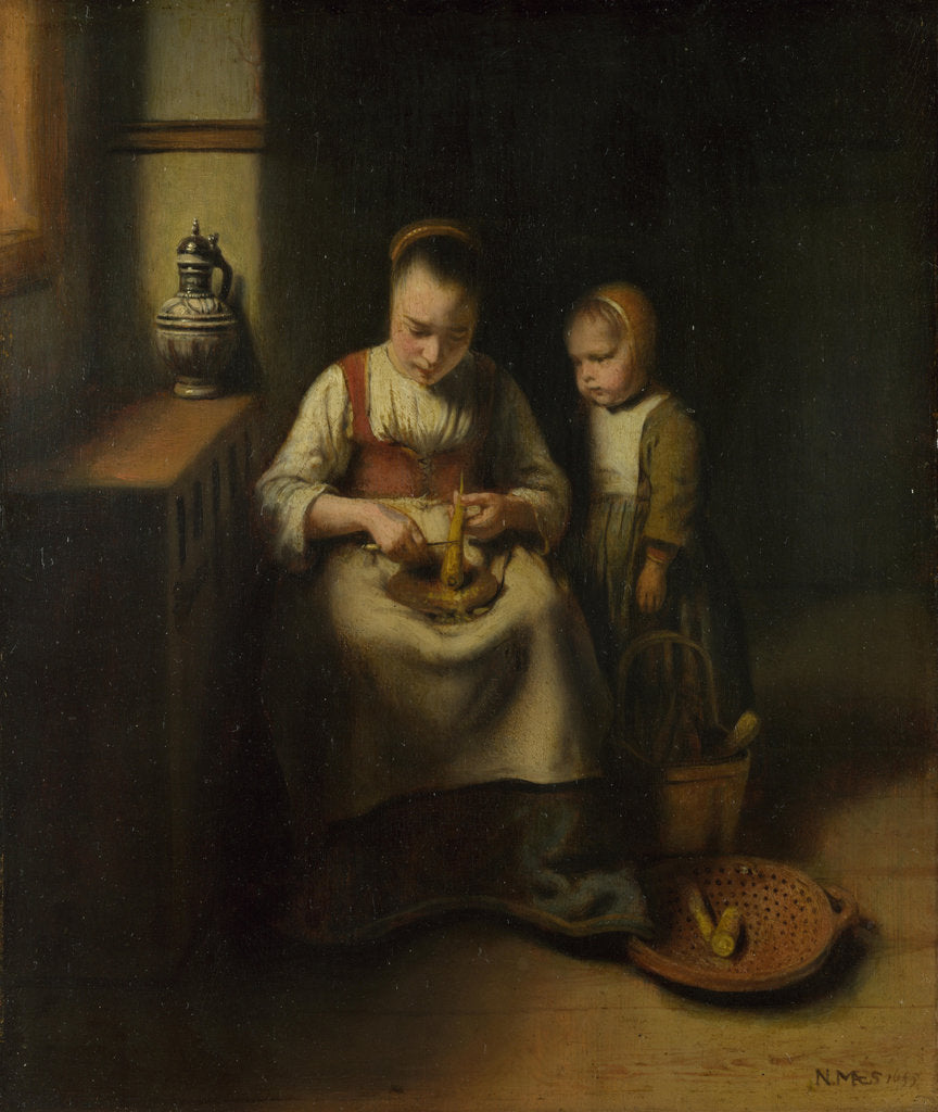 Detail of A Woman scraping Parsnips, with a Child standing by her, 1655 by Nicolaes Maes