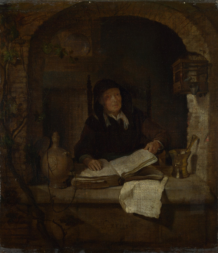 Detail of An Old Woman with a Book, c. 1660 by Gabriel Metsu