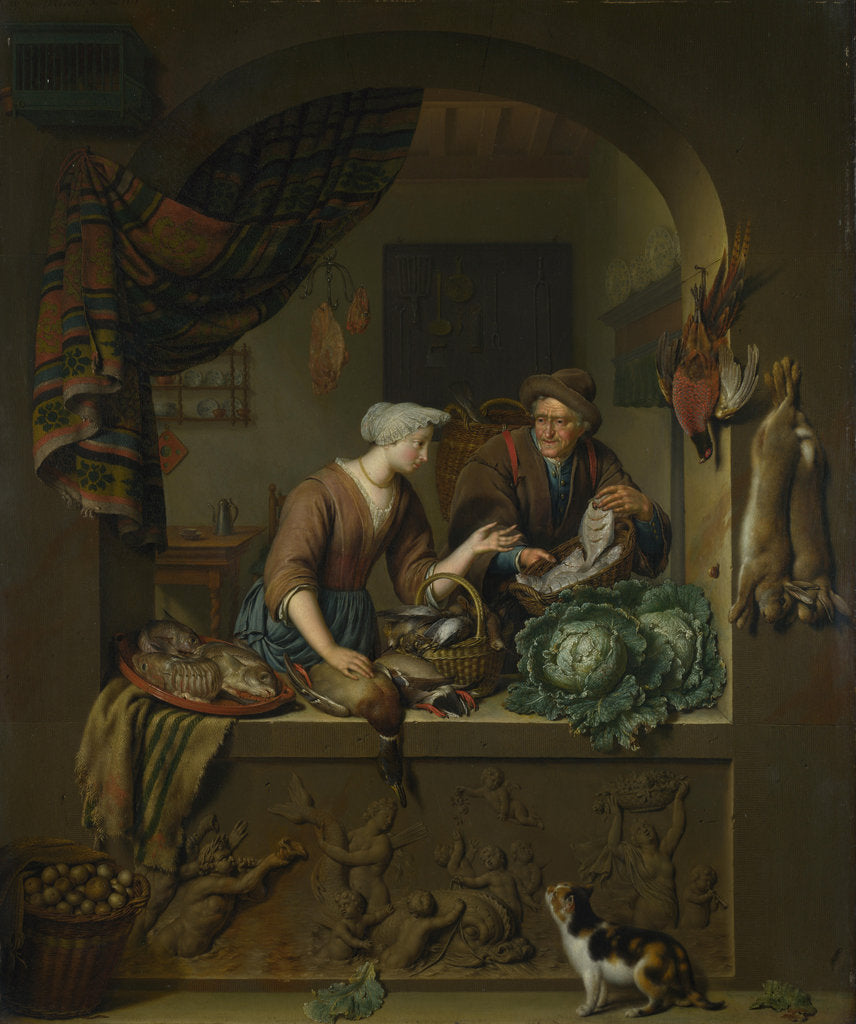 Detail of A Woman and a Fish-pedlar in a Kitchen, 1713 by Willem van Mieris