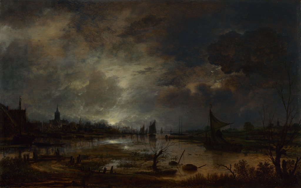 Detail of A River near a Town, by Moonlight, c. 1645 by Aert van der Neer
