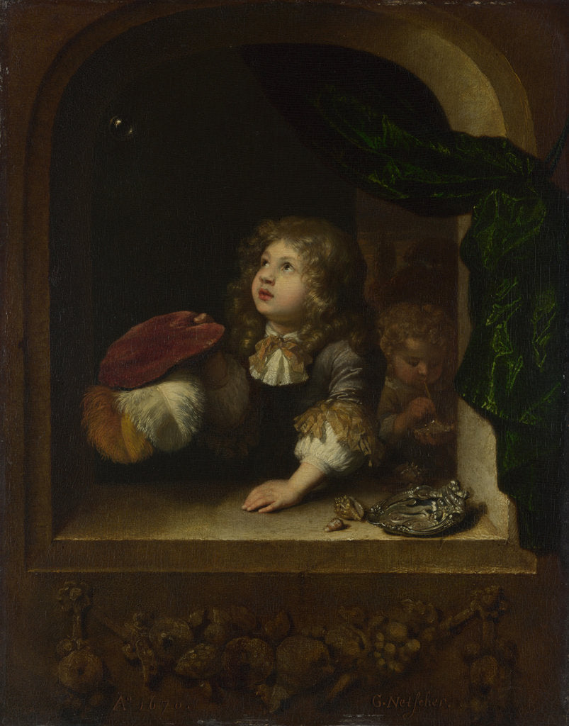 Detail of Two Boys blowing Bubbles, c. 1670 by Caspar Netscher
