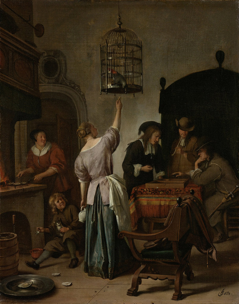 Detail of Interior With A Woman Feeding A Parrot Two Men Playing Backgammon And Other Figures (The Parrot Cage), 1670 by Jan Havicksz Steen