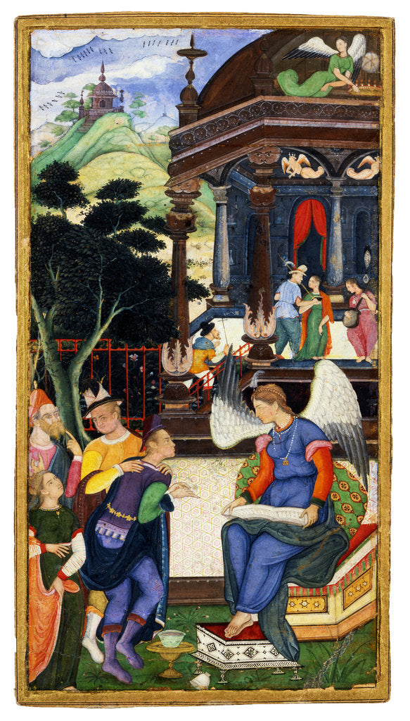 Detail of An Angel Conversing with a Group of Europeans, c. 1610 by Indian Art