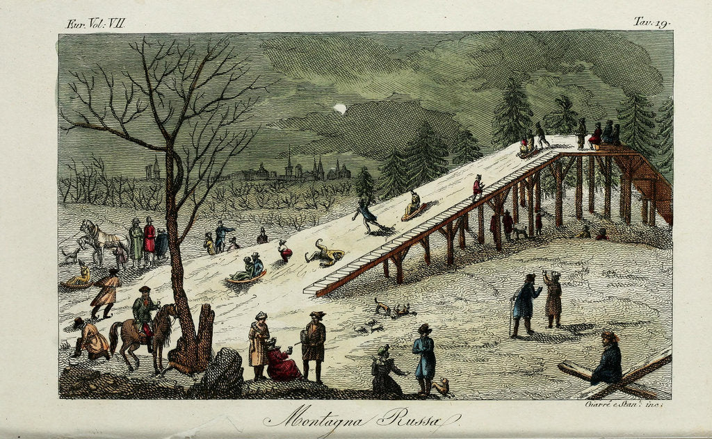 Detail of A roller coaster. Illustration from Il costume antico e moderno o storia del governo? by Giulio Ferrario, 1831 by Luigi Giarrè