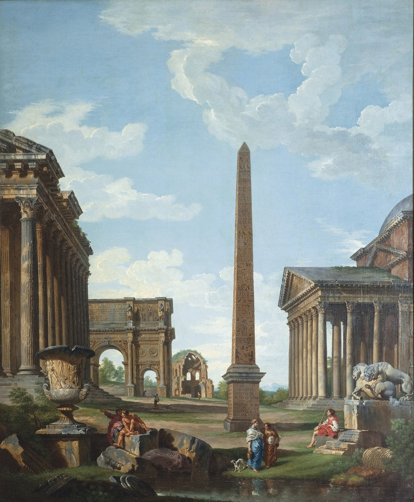 Detail of A capriccio with Roman ruins and a scene from the Life of Belisarius by Giovanni Paolo Panini