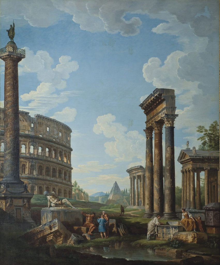 Detail of A capriccio with figures among Roman ruins including the Arch of Constantine and the Pantheon by Giovanni Paolo Panini
