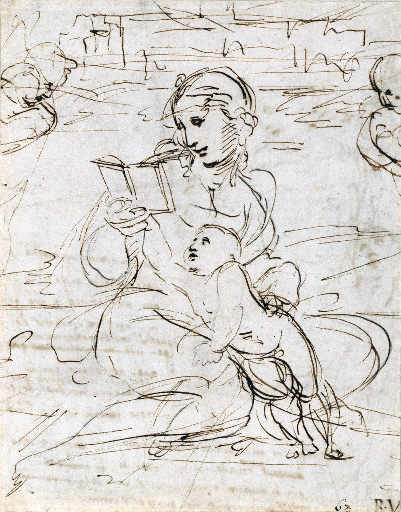 Detail of Reading Madonna and Child in a Landscape betweem two Cherub Heads by Raphael