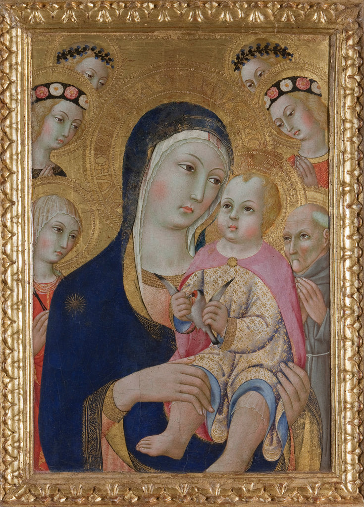 Detail of Madonna with Child, Saints Apollonia and Bernardino and four angels, ca 1460 by Sano di Pietro