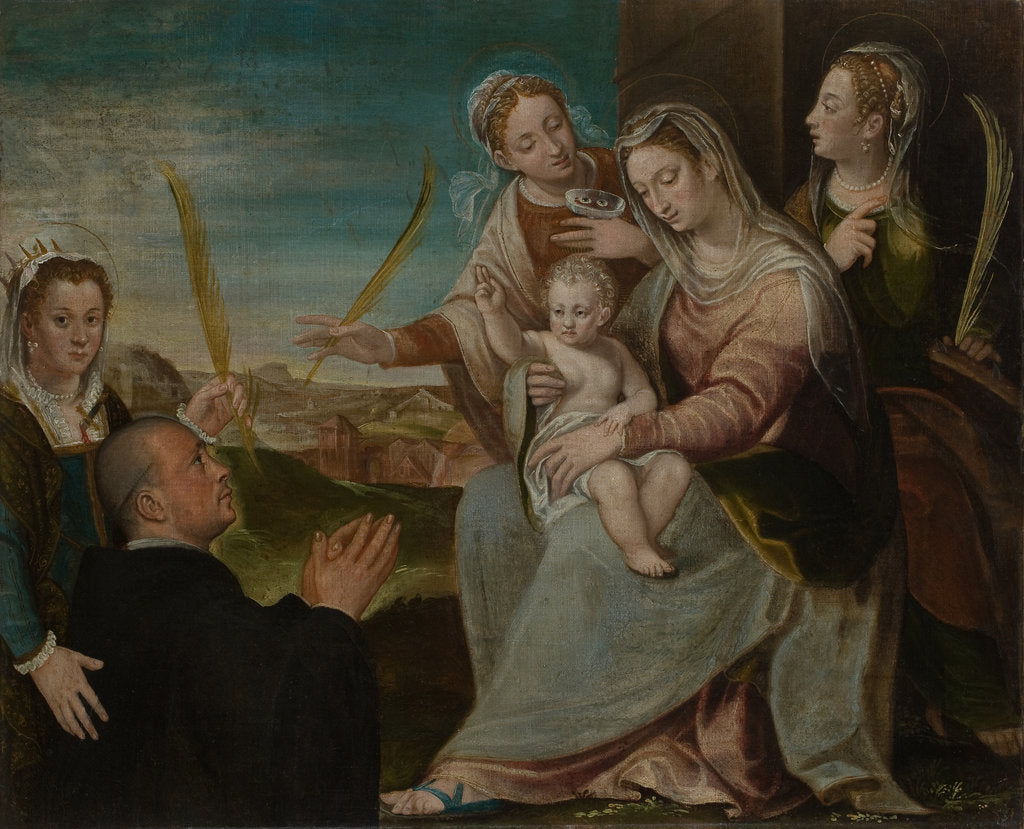 Detail of Virgin and child with Sants Catherine, Lucy, Justina of Padua and a Benedictine monk by Dario Varotari the Elder