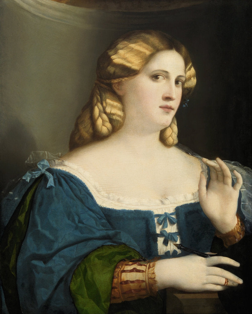 Detail of Young Woman in a Blue Dress, with Fan, 1512-1514 by Jacopo Palma il Vecchio the Elder