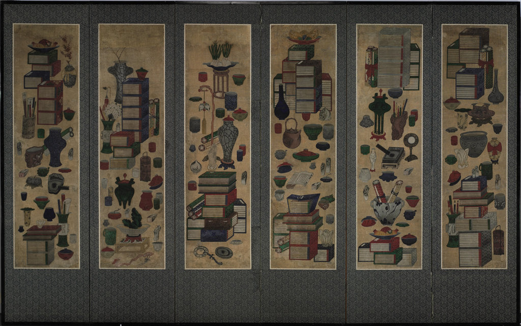 Scholars books and utensils (Chaekkori). Six-section folding screen, Mid of the 19th cen by Anonymous