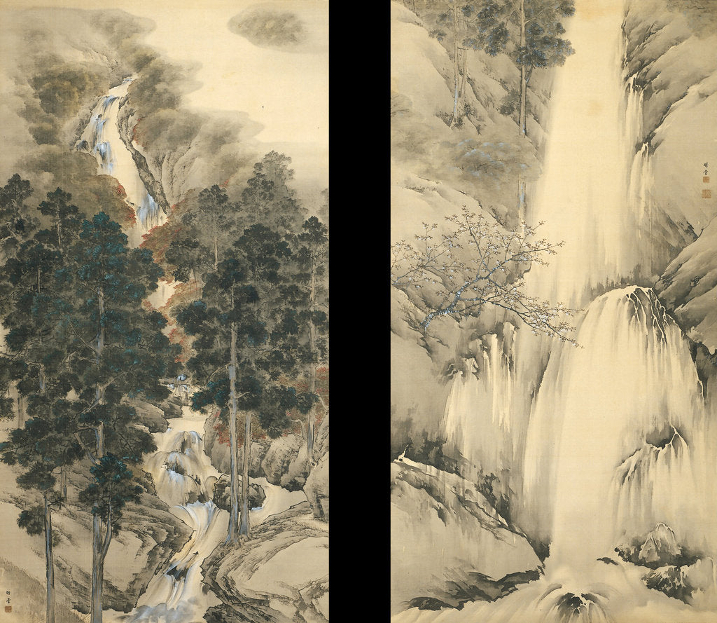 Detail of Waterfall in Spring and Autumn (Set of two hanging scrolls), 1893 by Kishi Chikudo