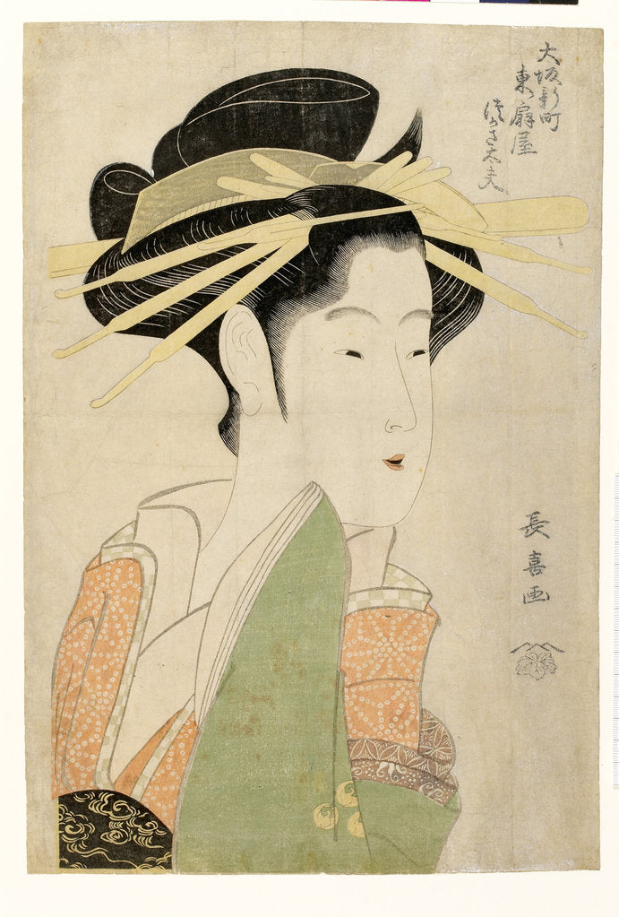 Detail of Tsukasa Dayu of Higashi Ogiya in Osakas Shinmachi District, c. 1800 by Eishosai Choki
