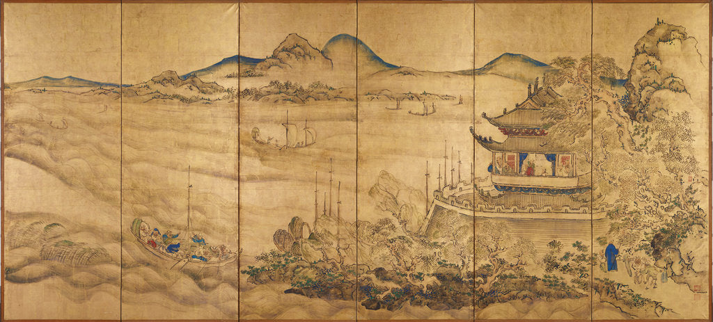 Detail of Roukaku Sansui Zu (Landscape with tower) Right of a pair of six-section folding screens by Ike no Taiga
