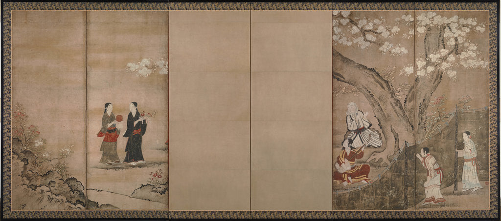 Detail of Merry-making under aronia blossoms. Right of a pair of six-section folding screens, 18th century by Kano Isenin Naganobu