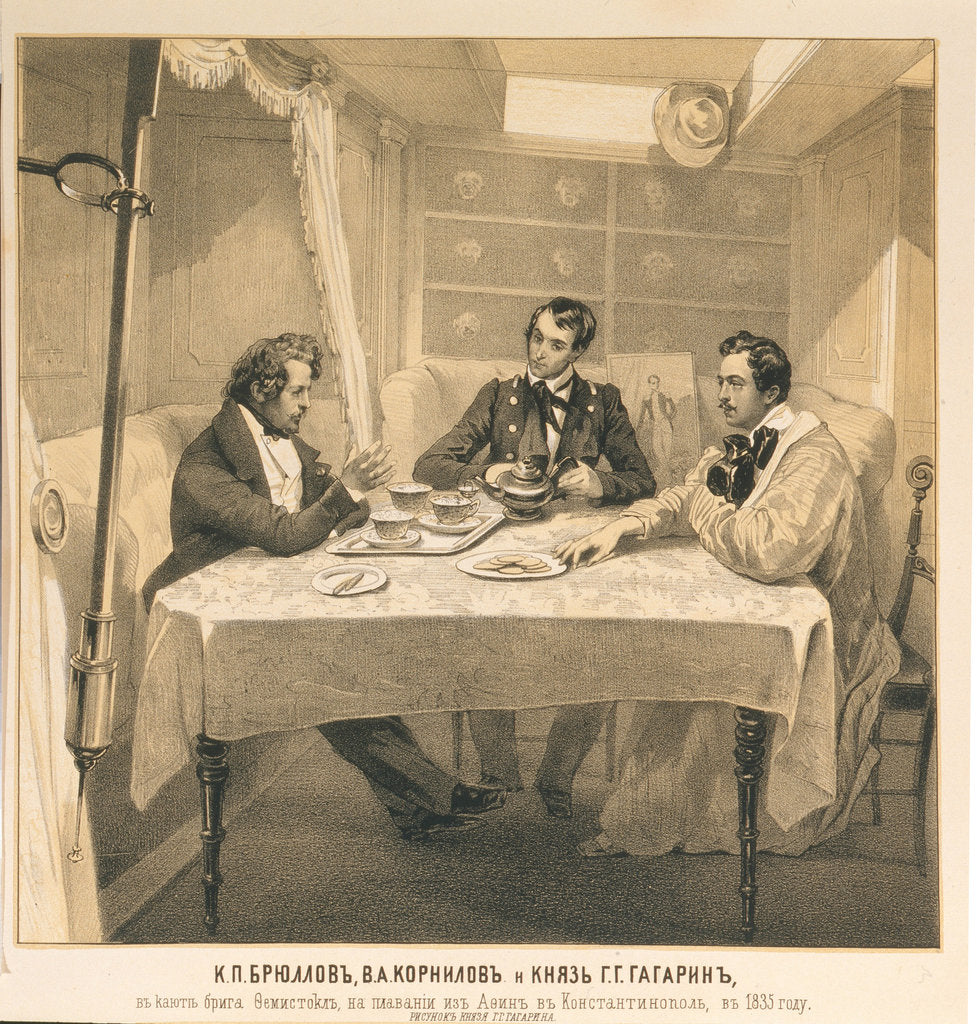 Detail of Karl Bryullov, Vladimir Kornilov and Count Grigori Gagarin aboard the brig Themistocles, 1835 by Grigori Grigorievich Gagarin